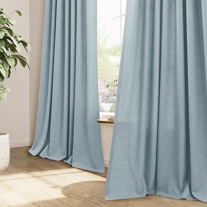 Light Blue Pinch Pleated Linen Curtains 96 Inch Length 2 Panels Set for Living Room Bedroom Modern Farmhouse Window Privacy Light Filtering Semi Sheer Back Tab Drapes with Hooks for Dining Room 40x96