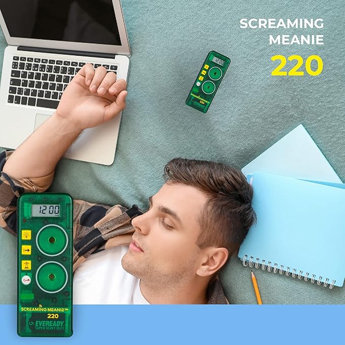 Screaming Meanie 220 Alarm Clock and Timer, Extremely Loud for Deep Sleepers, Multi-Purpose Clock, 3 Sound Levels (with 9v Battery Included) - Green