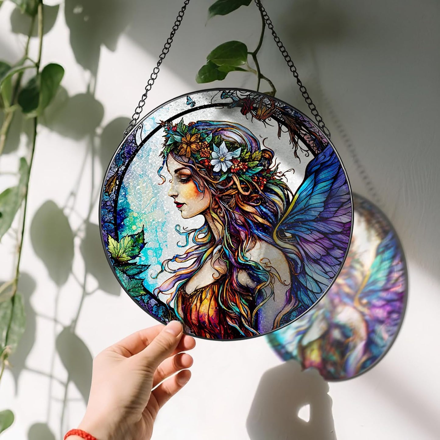 Stained Glass Window Hanging, LAOWEIKI 8'' Fairy Suncatcher, Stained Glass Ornament, Suncatchers for Windows Hanging, Window Decor, Outdoor or Indoor, Gifts for Women, Bestie, Friends