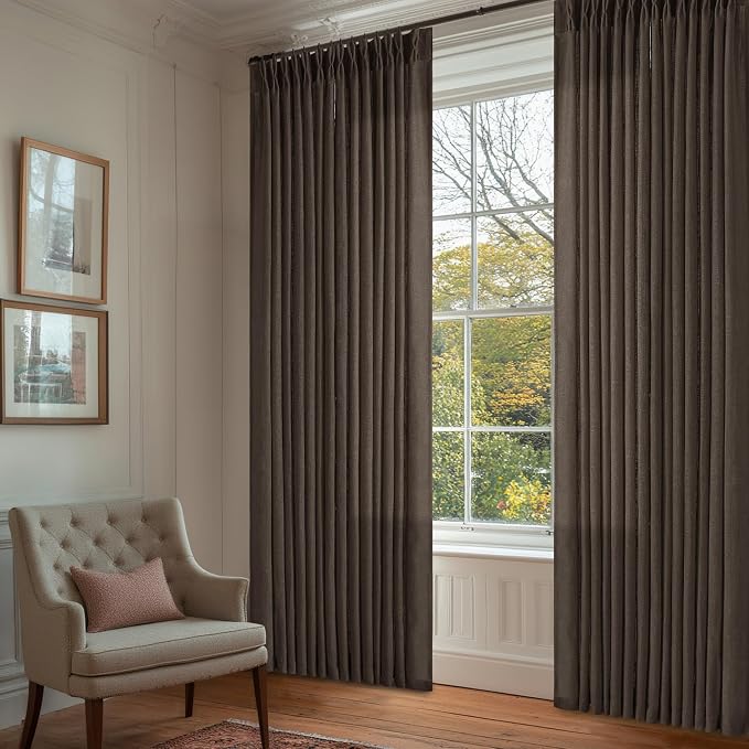 TWODRAPES Dark Chocolate Pinch Pleated Linen Curtains 2 Panels for Living Room Bedroom Memory Training Shaped Semi Sheer Pleat Drapes with Hooks Rings Light Filtering Window Curtain 40x84
