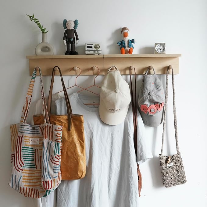 Entrance Coat Rack ，Coat Hooks, Wall-Mounted Wooden Hook Rack, Wall-Mounted Shelves are Very Suitable (Birch Colored Finish)