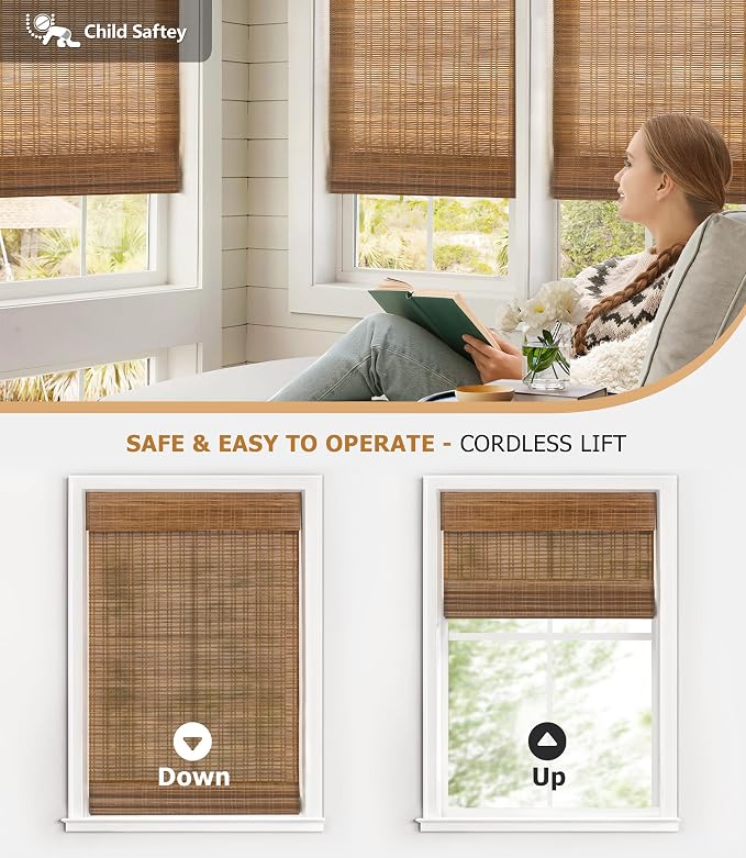 LazBlinds Cordless Bamboo Roman Shades for Windows, 35'' W x 60'' H | Natural Light Filtering Bamboo Window Blinds, Bamboo Blinds for Bedroom Living Room Office Indoor