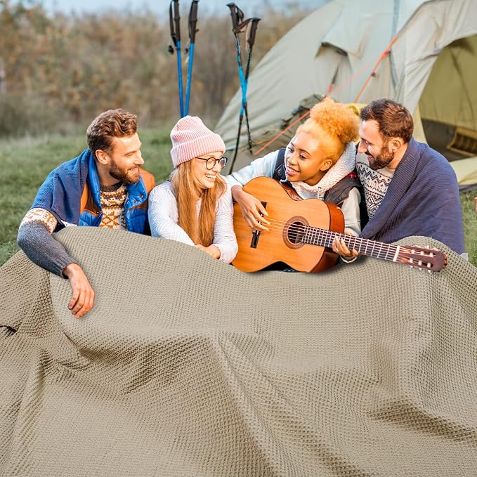 PHF 100% Cotton Waffle Weave Family Blanket Oversized King 120"*120", Pre-Washed Lightweight Breathable, Machine Washable,10'x 10' Huge Extra Large Big, Home Decoration Gift - Khaki/Simply Taupe
