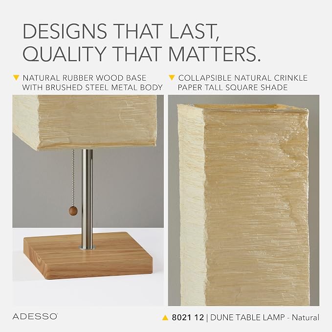 Adesso 26” Table Lamp with Natural Wood Base, Brushed Steel Finish & Crinkle Paper Shade – Perfect Lighting for Bedroom, Living Room and Corner Decor, Beige