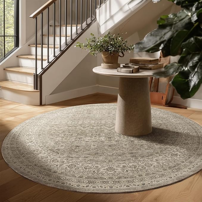 6ft Washable Round Rugs for Bedroom: Circle Living Room Rug Vintage Non Slip Low Pile Soft Faux Wool Non Shedding Boho Circular Rug for Entryway Kitchen Bathroom Office Dorm Entrance Nursery Indoor