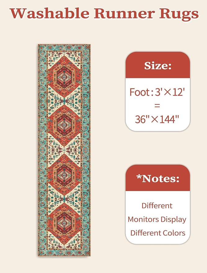 SERISSA Runner Rug for Hallways, 3x12 Washable Non Slip Kitchen Runner Rug, Extra Long Boho Rug Ultra Soft Vintage Orange Print Floor Carpet for Bedroom Hallway Entryway Bathroom Laundry Room
