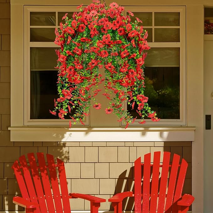 LikSoor 4 Pcs Artificial Outdoor Hanging Plants Spring Summer Decoration UV Resistant Faux Silk Flowers for Outside, Garden, Porch, Window, Home Decor (Red)
