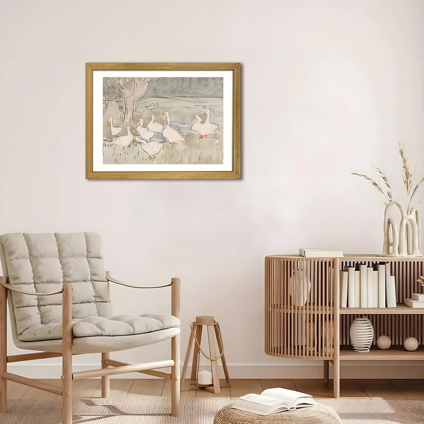 Vintage Framed Goose Wall Art Watercolor Print, Rustic Farm Duck Decor Canvas Painting, Minimalist Pastoral Poster Picture, Country Cottage Wall Decor for Living Room Kitchen Bathroom Bedroom 12x16 in