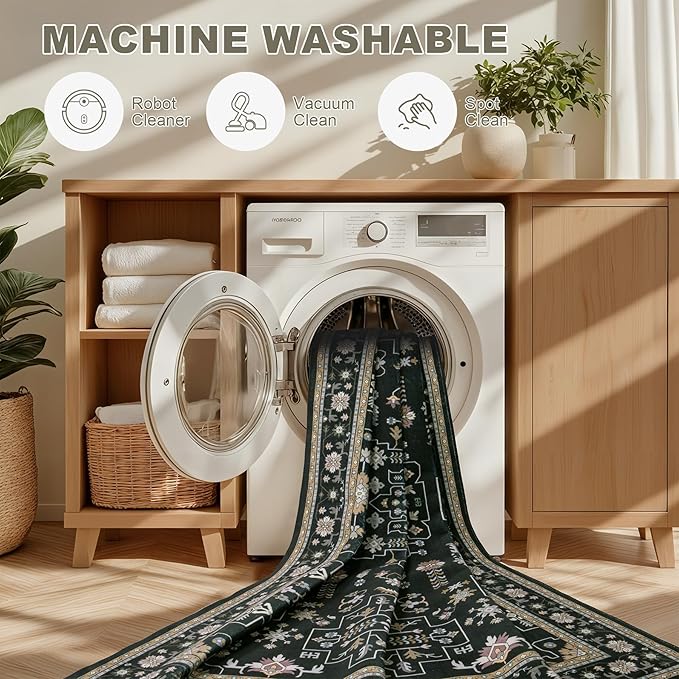Hallway Runner Rug Non Slip - Washable 2.6x8 Kitchen Rugs for Living Room, Low-Pile Soft Bedroom Rug Indoor Floor Stain Resistant Carpets for Entryway, Laundry, Bathroom Black