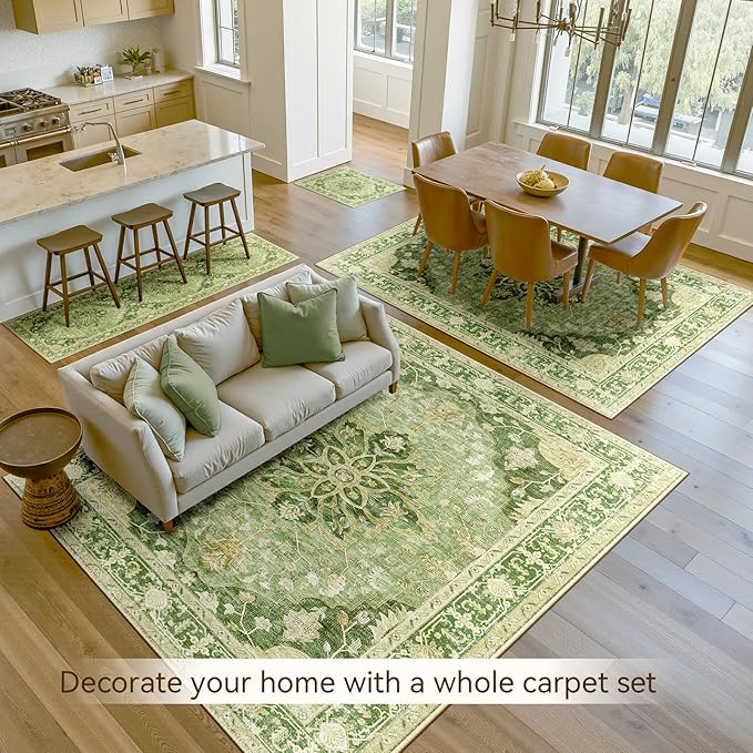 RELEANY Area Rugs 6'x9' Washable Non-Slip, Floral Vintage Distress Print Pattern Medallion Carpet for Living Room Bedroom Dining Room, Sage Green Yellow