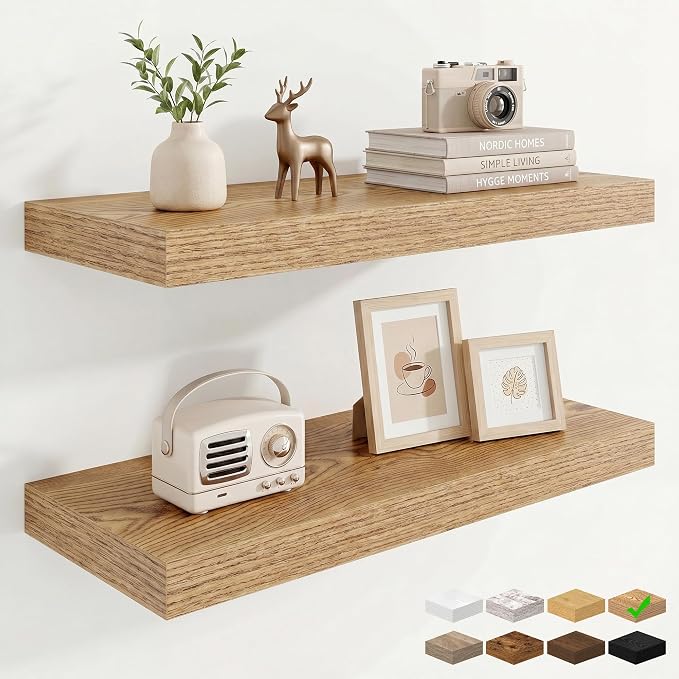 Marsmiles 24in Floating Shelves for Wall, 24" W x 9.25" D x 1.25" H, 2 Pack Long Wall Mounted Engineered Wood Shelves with Invisible Brackets for Living Room, Bedroom, Bathroom, Kitchen, Cedar