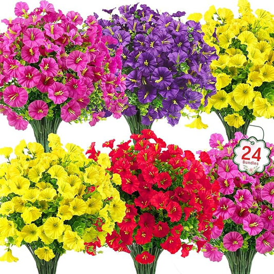 Ouddy Decor 24 Bundles Artificial Flowers for Outdoors Decoration Fake Silk Morning Glory Flowers Faux Eucalyptus Plants UV Resistant for Porch Patio Garden Spring Summer Home Decor, Multicolor