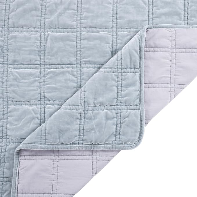 HiEnd Accent Stella Faux Silk Velvet Double Box Stitch 3 Piece Quilt Set, King Size, Light Blue Solid Color, Classic Chic Modern Rustic Elegant Bedding Set, Lightweight Bed Set