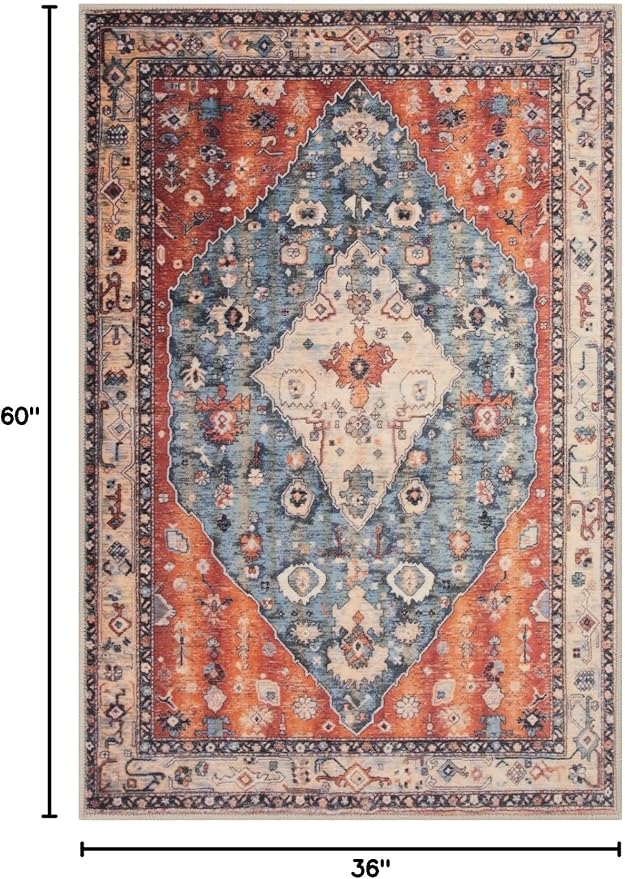 SERISSA Area Rug 3x5 Boho Tribal Rugs for Bedroom, Washable Kitchen Rugs Non-Slip, Ultra Soft Print Distressed Vintage Entry Rug Low-Pile Throw Rug Carpet for Nursery Living Room Dorm Decor
