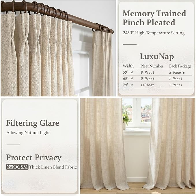 Pinch Pleated Natural Short Kitchen Windows Curtains 63 Inch Length 2 Panels Set, Memory Trained Flax Linen Semi Sheer Boho Cafe Viral Drapes Light Filtering Privacy Heavy Basement Curtain 50"W x 63"L