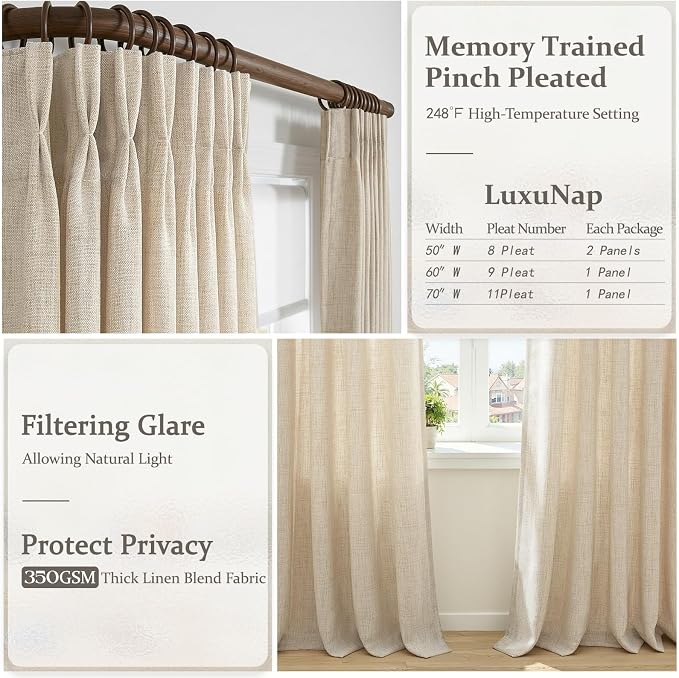 Pinch Pleated Semi Sheer Natural Linen Curtains 96 Inches Long for Living Room, Memory Trained Light Filtering 8FT Length Viral Windows Drapes Privacy Bedroom Modern Curtain 2 Panels Set Hooks Rings