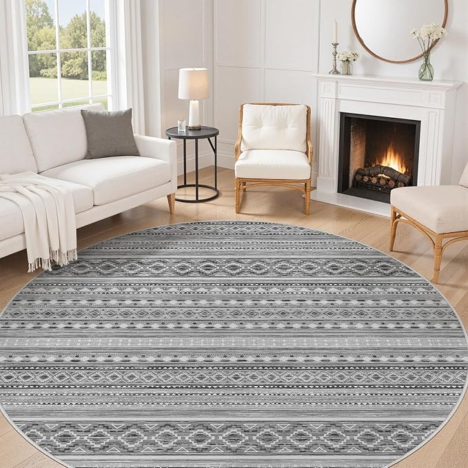 cotiled 8x8 Round Area Rug Living Room: Washable Boho Rugs with Non Slip Backing Large Soft Indoor Stain Resistant Carpet for Bedroom Farmhouse Dining Room Lightweight Home Decor Beige Grey
