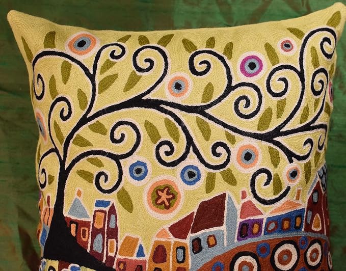 Yellow Tree of Life Throw Pillow Cover Karla Gerard Floral Pillowcase Gold Flower Pillowsham Plant Flower Chair Cushion Flowers Couch Hand Embroidered Wool Size 18x18