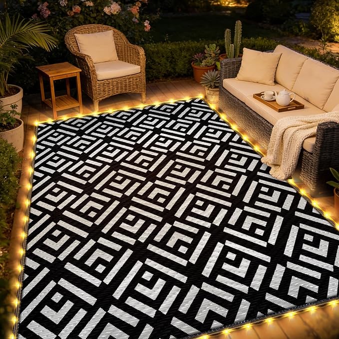 Outdoor Rug 6x9Ft, Solar Powered Outdoor Camping Rug with 94LEDs Strip Lights, Waterproof Plastic Reversible Outdoor Straw Rug, Rug Mat for RV Camping Patio Beach Balcony House Deck Picnic