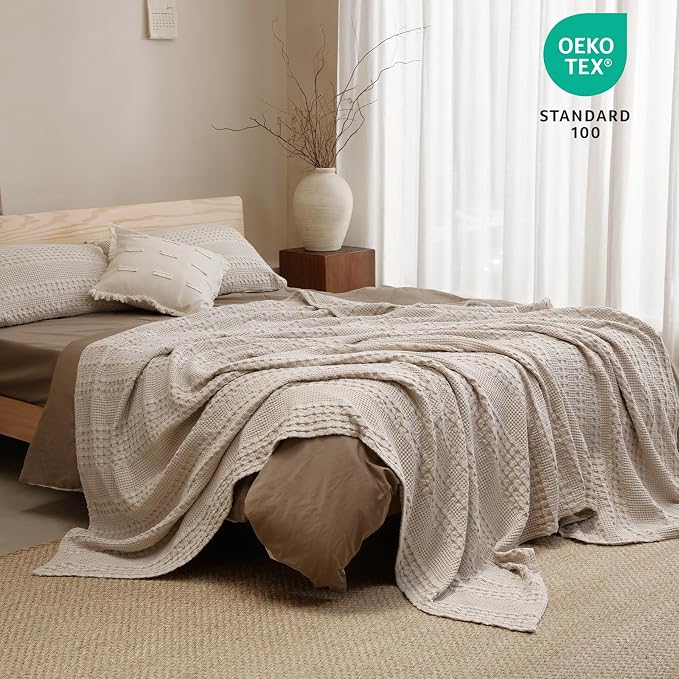 PHF 100% Cotton Waffle Blanket Queen Size for Bed, Lightweight Breathable and Soft for Summer, Luxury Aesthetic Waffle Weave Blanket for Home Decor & Gifts for Women, 90"x90", Light Taupe/Oatmeal