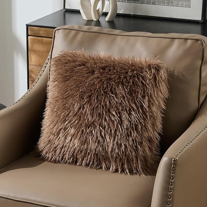 FUTEI Pack of 2 Shaggy Mongolian Faux Wool Throw Pillow Covers 18x18 Inch Soft Decorative Cushion Case for Couch Bed Living Room, Dark Brown