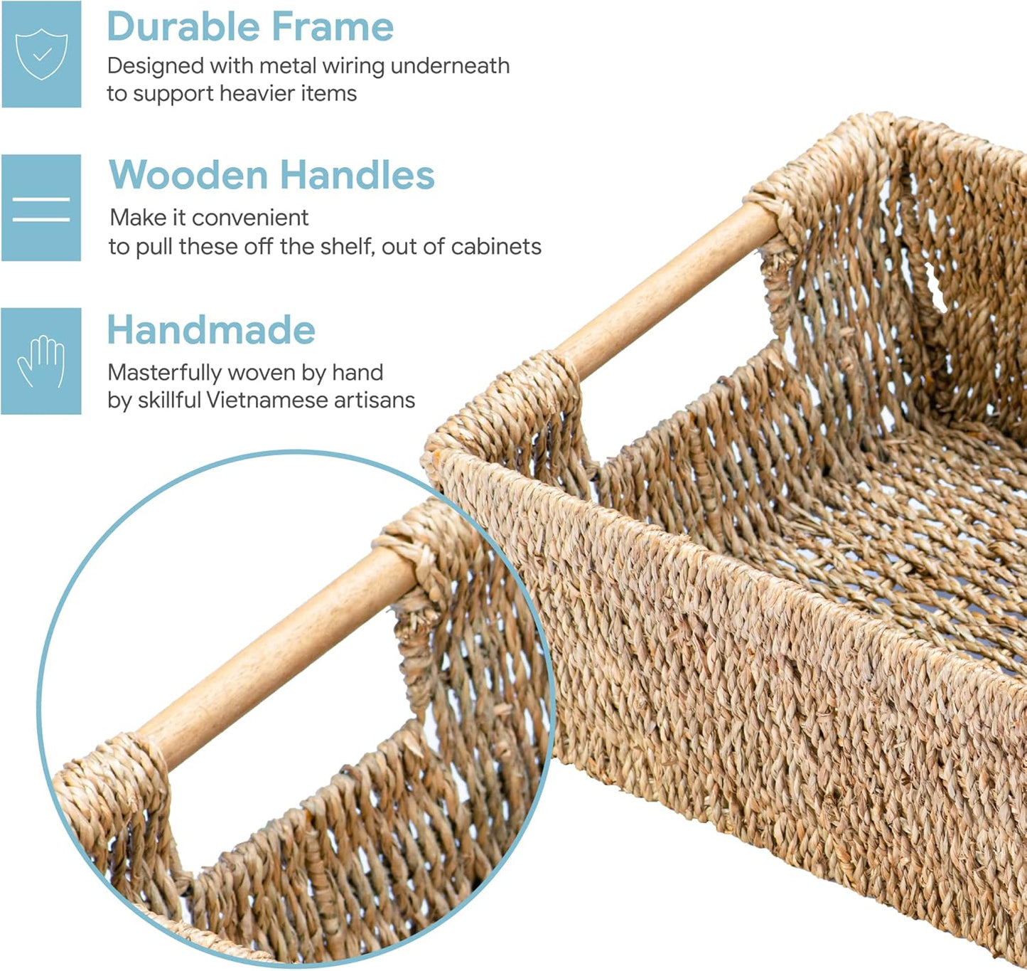 Natural Seagrass Storage Basket with Handle, Rectangular Woven Organizer Bin for Living Room or Shelf, Decorative Storage Basket, Medium Size 13.4 x 9.3 x 4.9 Inches