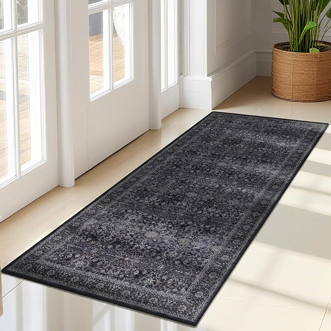 Vintage Dark 2x5 Rug Runners for Hallways, Non Slip Machine Washable Kitchen Runner, Low Pile Lightweight Carpet Runner for Entryway/Bathroom/Corridor/Laundry Room, Midnight