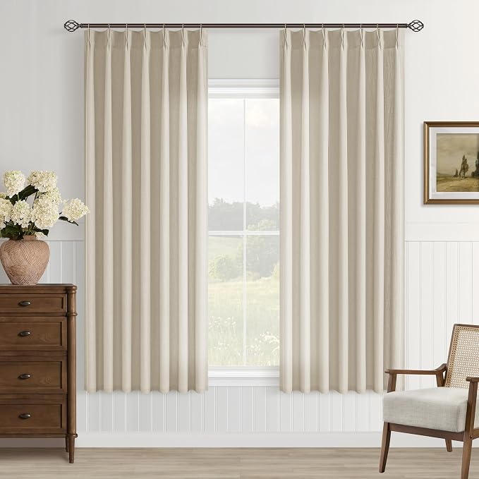 Light Filtering Dining Room Curtains 63 Inches Long 2 Panels Set for Small Window Boho Farmhouse Pinch Pleated Linen Short Semi Sheer Back Tab Pinch Pleat Living Bedroom Bay Windows Oatmeal Beige
