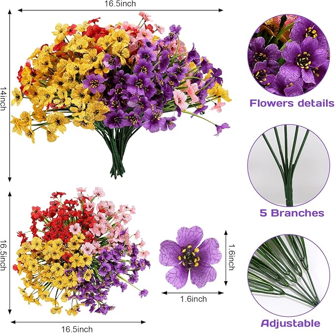 Geegoods Artificial Mums Flowers for Outdoors, 32 Bundles UV Resistant Fake Plastic Colorful Mix Flowers for Patio Porch Spring Summer Decor