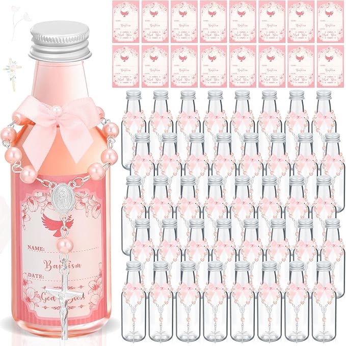 FillTouch 12 Sets Catholic Holy Water Bottle Baptism Rosary Set Baptism Favors 1.7oz Christian Water Container Empty Glass Holy Water Bottle for Easter Party Church Wedding Table Newborn (Pink)