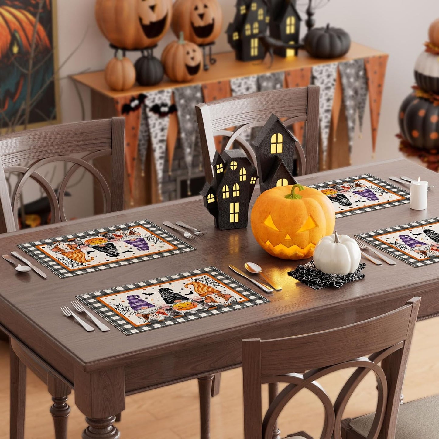XCHI Spooky Boo Plaid Gnome Halloween Placemats Set of 4 Table Mats for Party Home Kitchen Dining Table Decorations 12x18 Inch