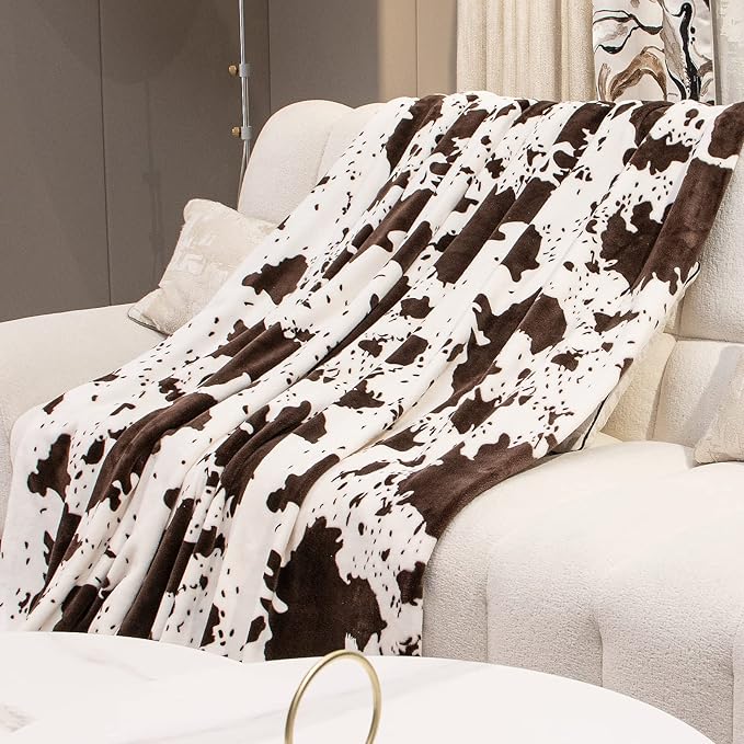 Fleece Throw Blanket for Bed Couch, Cozy Gifts for Women Men Girls Boys, Brown White Soft Plush Lightweight Warm Throw Blanket for All Seasons Farmhouse Decor (50"x60")