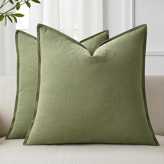decorUhome Summer Decorative Linen Throw Pillow Covers 20x20 Inch Set of 2 Olive Green Pillow Covers with Flange Edges Soft Farmhouse Boho Accent Pillow Cases for Couch Bed Living Room