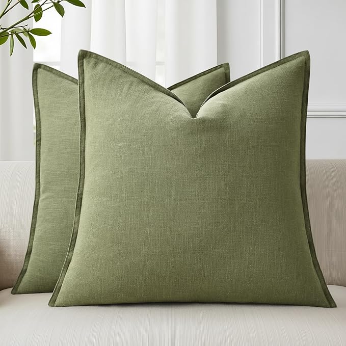 decorUhome Summer Decorative Linen Euro Sham Throw Pillow Covers 24x24 Inch Set of 2 Olive Green Pillow Covers with Flange Edges Soft Farmhouse Boho Accent Pillow Cases for Couch Bed Living Room