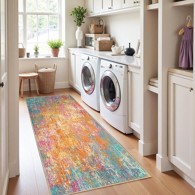 RELEANY Washable Area Rugs 2'x10' Non-Slip Modern Abstract Soft for Living Room Entryway Bedroom Nursery, Print Pattern, Orange Blue Pink Yellow Colorful