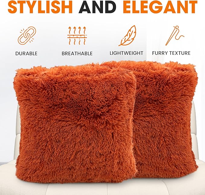 Cheer Collection Throw Pillows for Couch and Bed, Soft Shaggy Throw Pillows with Inserts Included, Cozy Long Hair Faux Fur Pillows - Set of 2-18" x 18" - Rust Orange
