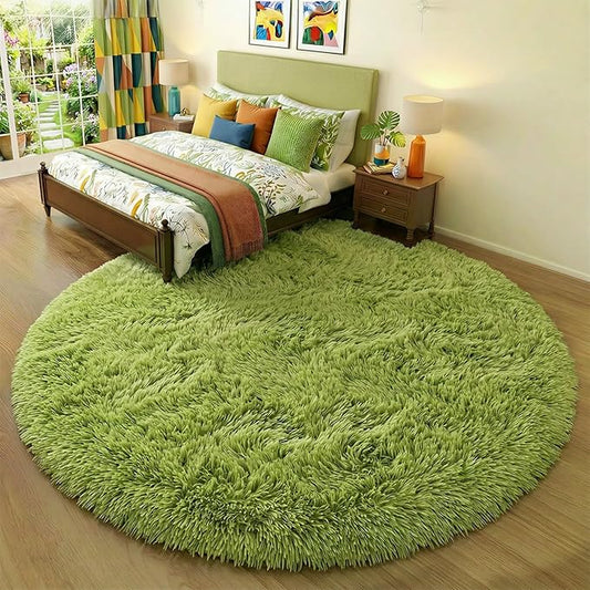 Amdrebio Grass Green Round Area Rug 7Ft for Living Room Bedroom Decor Aesthetic, Large Fluffy Shaggy Fuzzy Circle Rugs for Baby Nursery Kids Playroom, Big Soft Shag Floor Circular Modern Cool Carpet