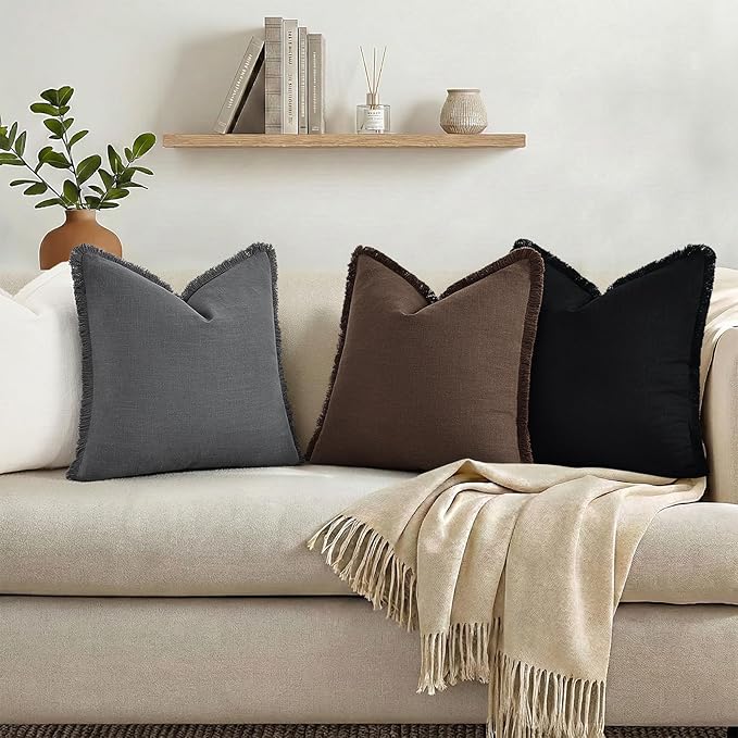 decorUhome Summer Decorative Neutral Linen Fringe Throw Pillow Covers Set of 2 Black Pillow Covers with Tassels Soft Farmhouse Boho Accent Pillow Cases for Couch Bed Sofa 18x18 Inch