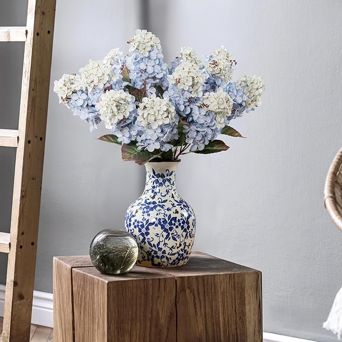Ttranewsoo Hydrangea Artificial Flowers,Fall Hydrangeas Artificial Flowers,Blue Fake Fall Dried Hydrangea Flowers Decoration,Faux Silk Flower with Stems Winter Decor(Blue 24" 8pcs) Without Vase