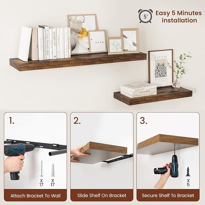 Vivelove 12" Deep Floating Shelves for Wall 16" Long, Wall Shelves for Living Room Bedroom Bathroom Kitchen Laundry Room, Farmhouse Rustic Shelves for Home Decor, 16" X 12" X 2" Set Of 2, Rustic Brown