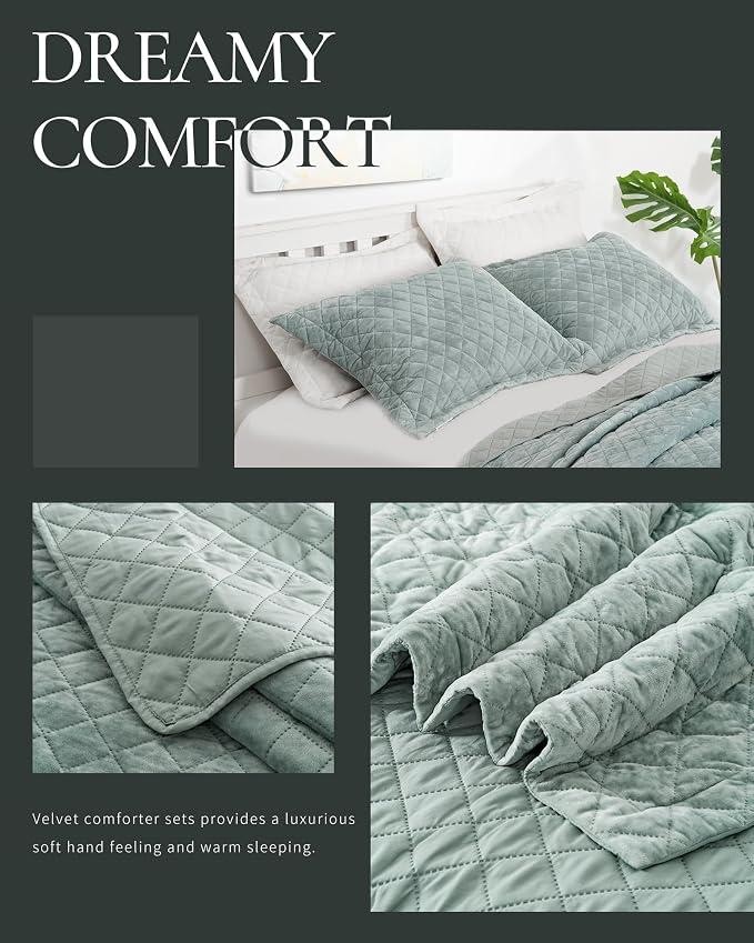 Luxury Velvet King Quilt Set, Ultra Soft Lightweight Velvet Comforter Set, Oversized Bedspread Coverlet with 2 Shams Diamond Pattern, for All Season (Aqua Green)