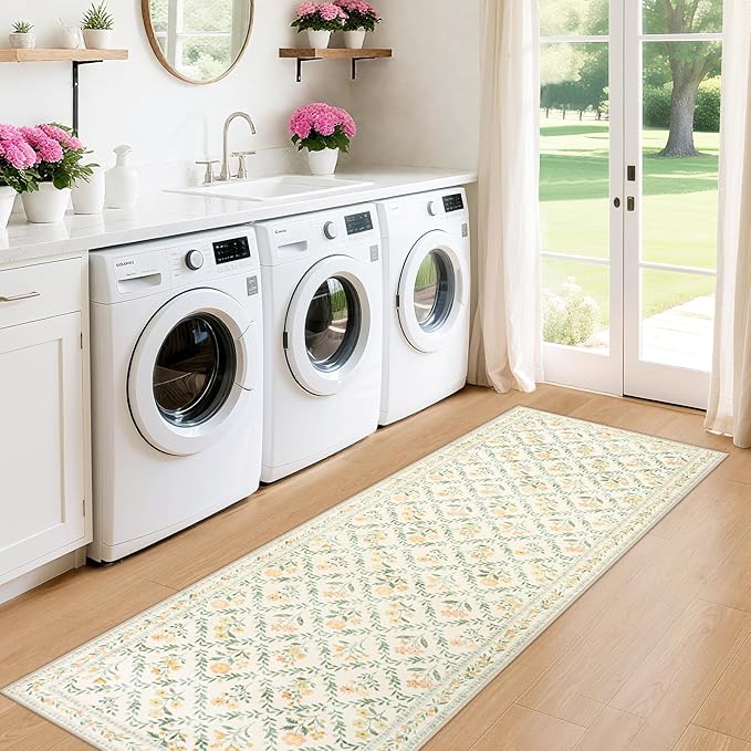 Runner Rug for Entryway: 2x5 Kitchen Rugs Non Slip Washable Ultra-Thin Soft Floral Carpet Indoor Floor Stain Resistant Carpets for Hallway Bedroom Kitchen Laundry Bathroom Dorm Beige/Multi