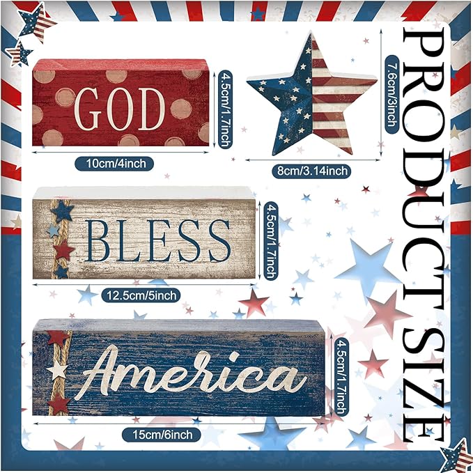 CroBlissful 4 Pcs 4th of July Decorations Patriotic Memorial Day Tabletop Decorations Red White Blue Table Centerpieces Sign for Office Tiered Tray Home Shelf 250th Anniversary(Star Independence Day)