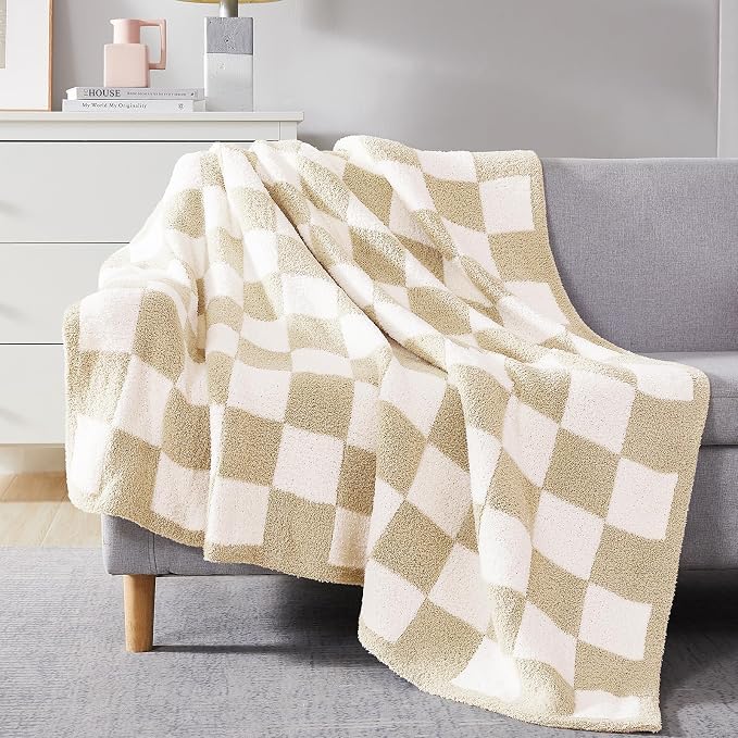 WRENSONGE Soft Checkered Throw Blanket for Couch-Cozy Warm Knitted Blankets | Lightweight Warm Fluffy Decor for Women, Mom, Her & Girls, Sofa, Chair, Bed, 50x60in,Beige