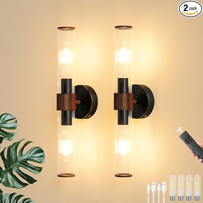 Morauroral Black Walnut Battery Operated Wall Sconces Set of 2, Rechargeable Wall Lights with Remote, 20 Inch Modern Wireless Wall Lamp for Bedroom, Living Room with White Shade (Bulbs Included)