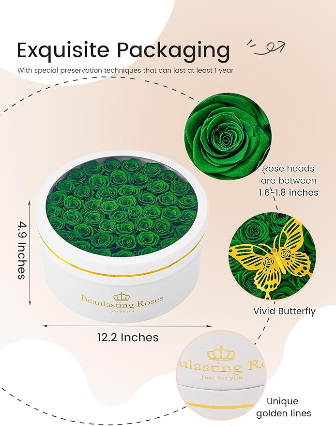 47 Preserved Roses Forever Flowers Real Roses in a Box Mother's Day Birthday Flowers for Her Mom Women Wife Valentine's Day, Green Roses