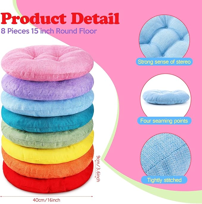 Fumete 8 Pcs 16 Inch Floor Cushions Pillow for Kids Bulk Classroom Round Flexible Seating Floor Cushions for Students Home Daycare School Reading Corner Yoga Meditation Picnic (Classic Rainbow)