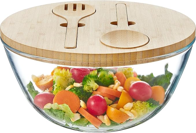 JOYMAY Glass Salad Bowl, 10.7inch Salad Bowl with Lid Thick Glass Mixing Bowls Serving Bowls, 4.7 Quart Large Salad Bowls with Bamboo Utensils, Trifle Bowl Fruit Bowl for Salad, Pasta, Microwave Safe