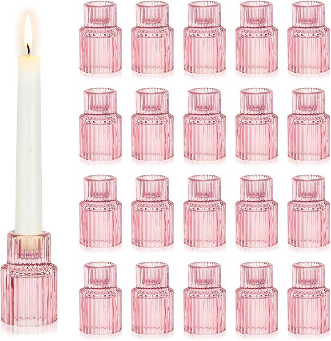 Hewory Glass Pink Candle Holder: 20PCS Valentines Taper Candle Holders for Table Centerpiece, Tapered Candlestick Holders for Valentines Day Decorations Gifts Anniversary Wedding Holiday Home Decor