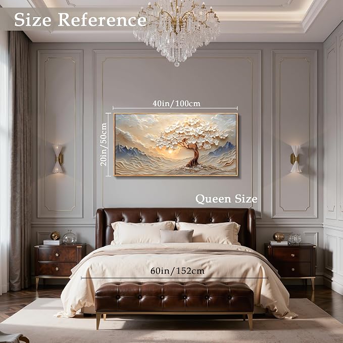 imjiayu Large Framed Wall Art, Landscape Wall Art, Tree of Life Wall Decor, Modern Japanese Aesthetic Canvas Prints, White Mountain Paintings for Living Room Bedroom Office Home Decorations 20"x40"